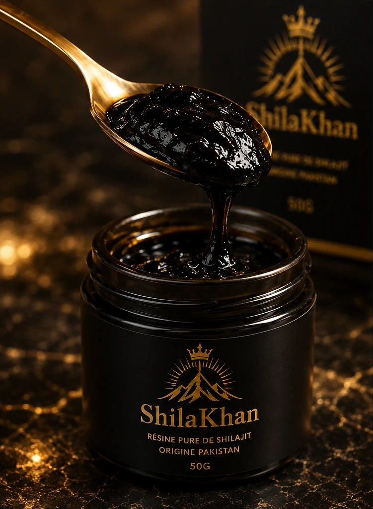 Cuillère prélevant la résine de shilajit ShilaKhan au-dessus du pot 50 g