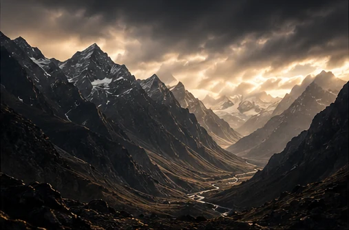 Vallée de montagne sous les nuages