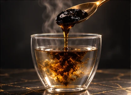 Résine de shilajit diluée dans un verre