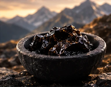 Résine de shilajit dans un bol en pierre